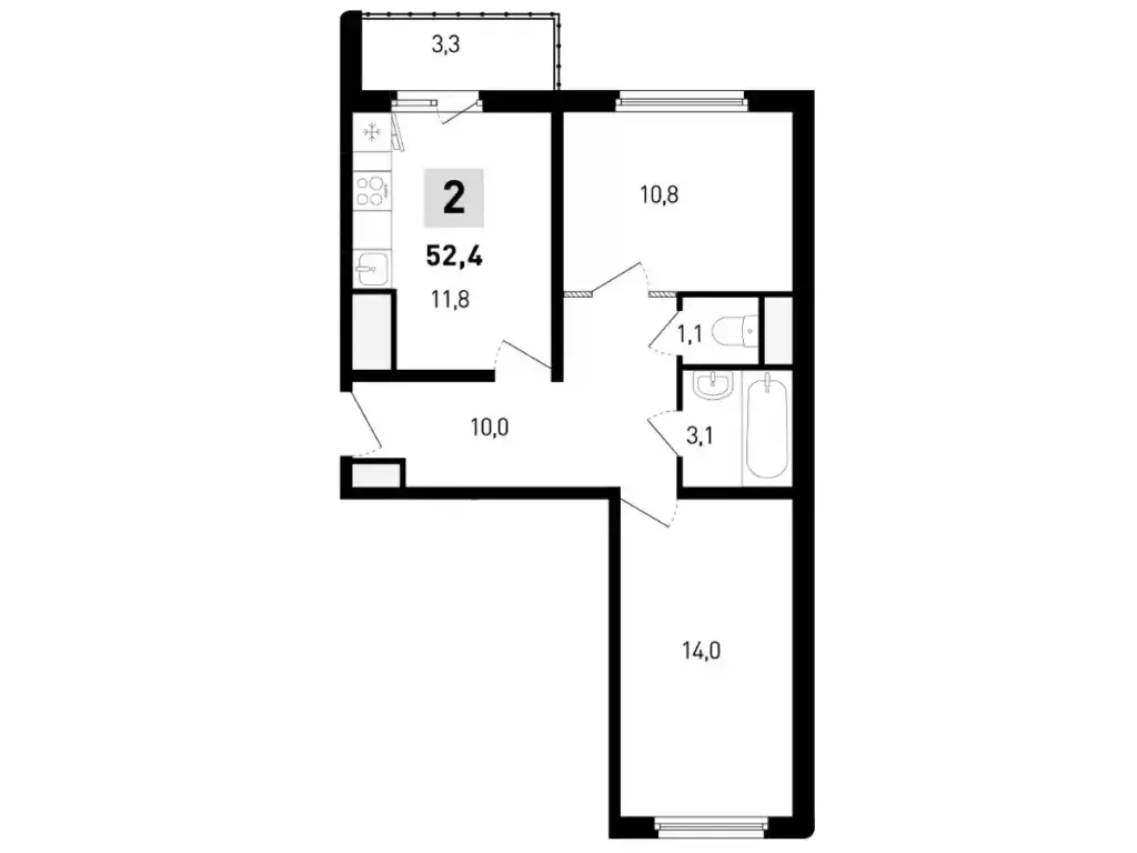 Планировка двухкомнатной квартиры «Бабочка» площадью 52,4 м² в ЖК «5 Элемент», Ростов-на-Дону, микрорайон Левенцовка.