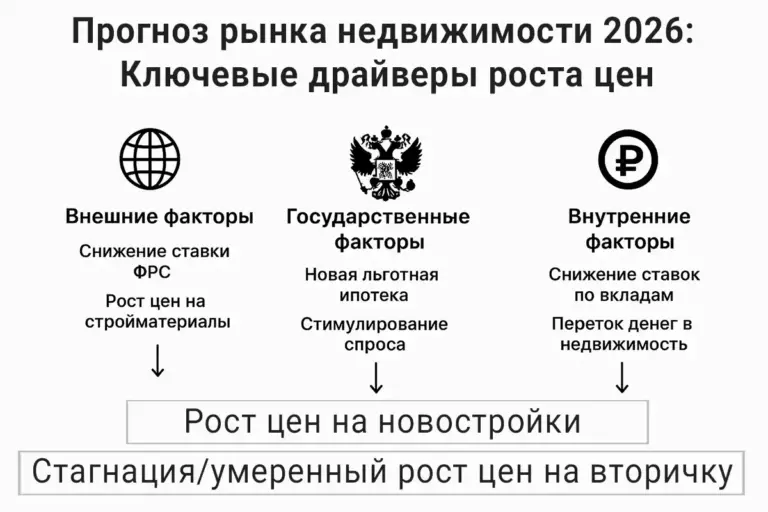 Инфографика, суммирующая ключевые драйверы роста цен на рынке недвижимости России в 2026 году: внешние, государственные и внутренние факторы, влияющие на стоимость новостроек и вторичного жилья.