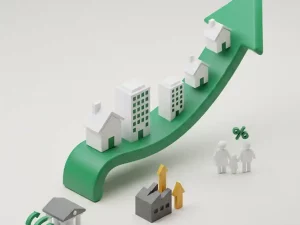 «3D инфографика, показывающая прогноз роста цен на недвижимость в России в 2026 году под влиянием трех факторов: перетока денег с депозитов, удорожания стройматериалов и программ льготной ипотеки»